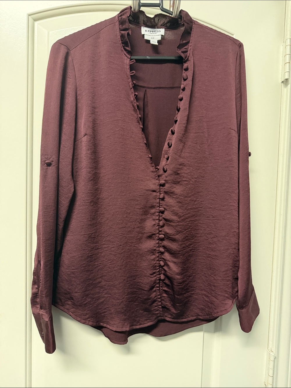 Express Women's Maroon Button-Front V-Neck Blouse